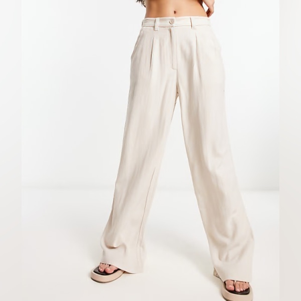 ASOS Linen Blend Pleated Cream Tan Wide Leg Women's Pants w Elastic Back